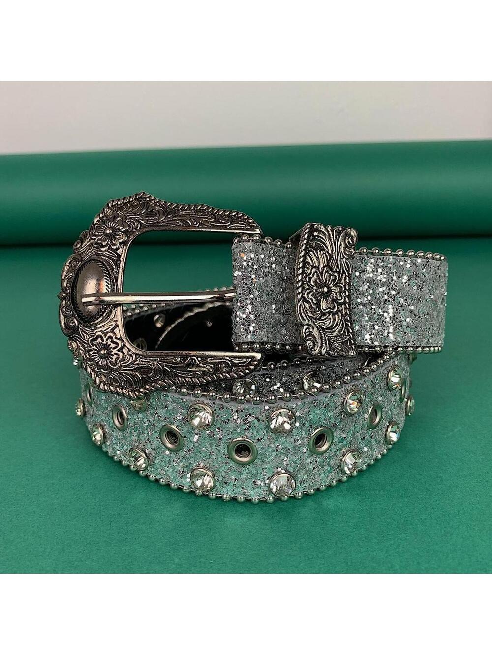 Cyber Y2k 2000s style rhinestone crystal grunge silver punk belt. Cool grunge/pu - Picture 4 of 8
